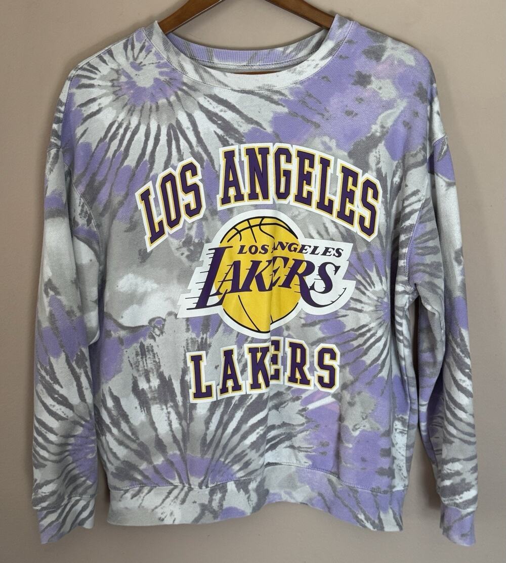 Los Angeles Lakers Sweatshirt Womens XL Purple Gray Tie Dye All Over Crewneck